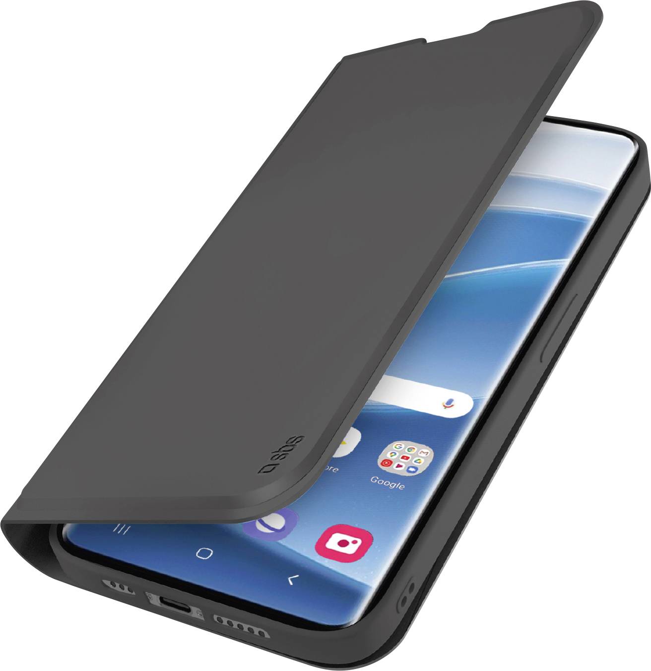 A smartphone with a dark protective flip cover partially open, showing the home screen and app icons.