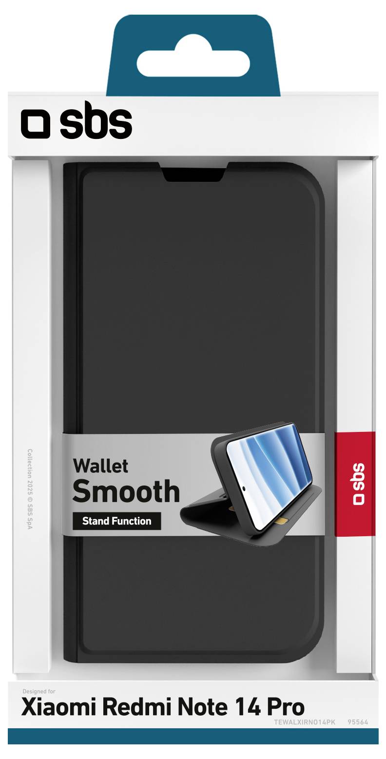 'Wallet Smooth' phone case for Xiaomi Redmi Note 14 Pro with stand function shown in retail packaging.
