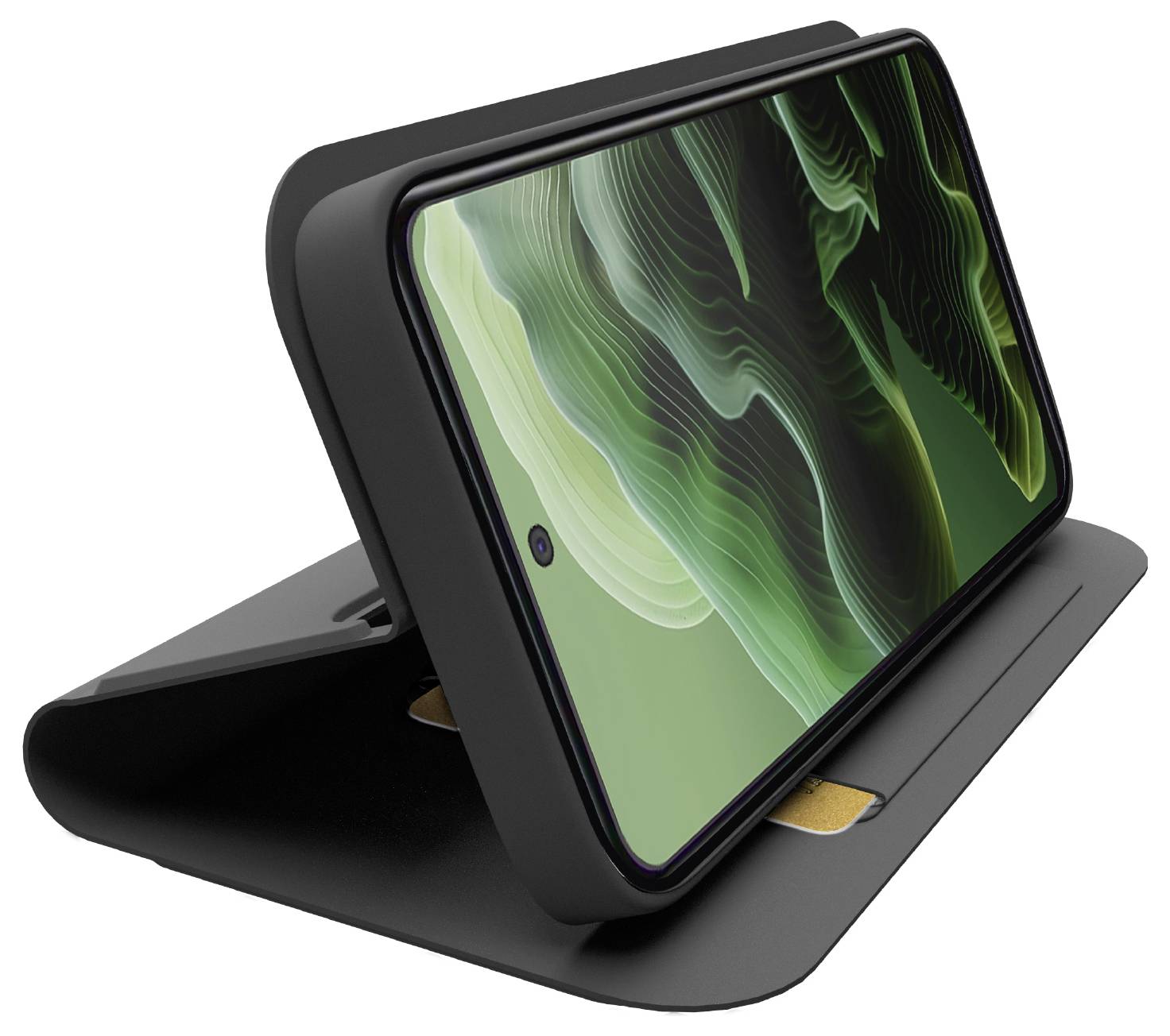 Smartphone in a black protective case, partially open, displaying a green abstract design on the screen.