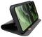 Smartphone in a black protective case, partially open, displaying a green abstract design on the screen.
