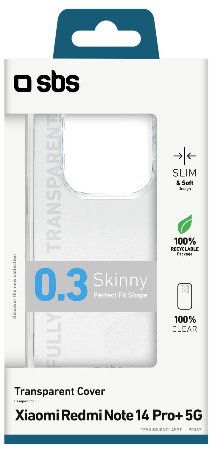 The image shows packaging for a transparent phone cover designed for the Xiaomi Redmi Note 14 Pro+ 5G. It highlights a slim, soft design, 100% transparency, and perfect fit shape.