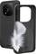 'Black smartphone case with a visible camera cutout, standing next to a similar case. Both have a soft lining with a white feather.'
