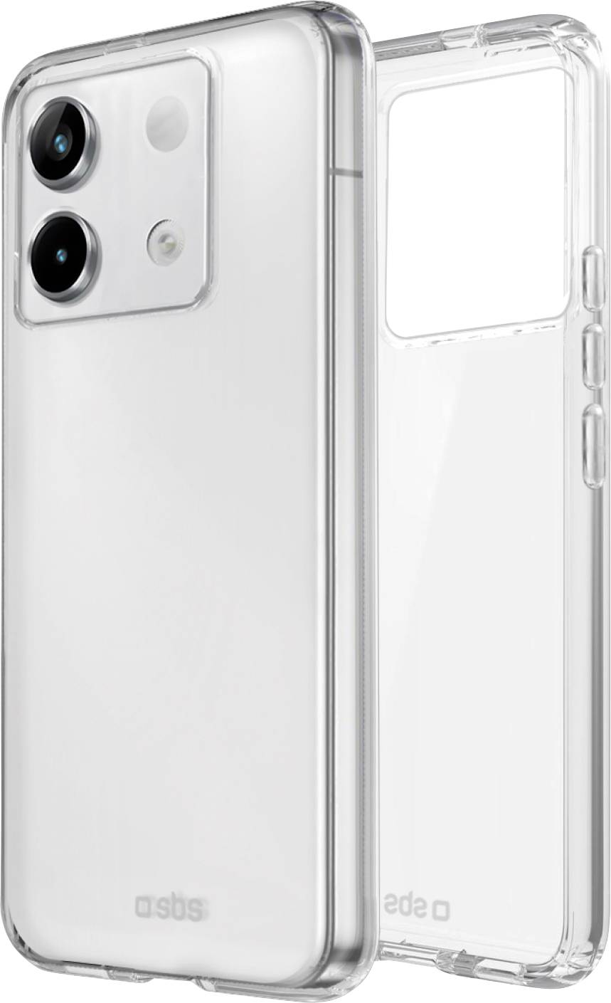 'Two clear smartphone cases by SBS, highlighting dual camera protection and a transparent design for phone visibility and scratch prevention.'