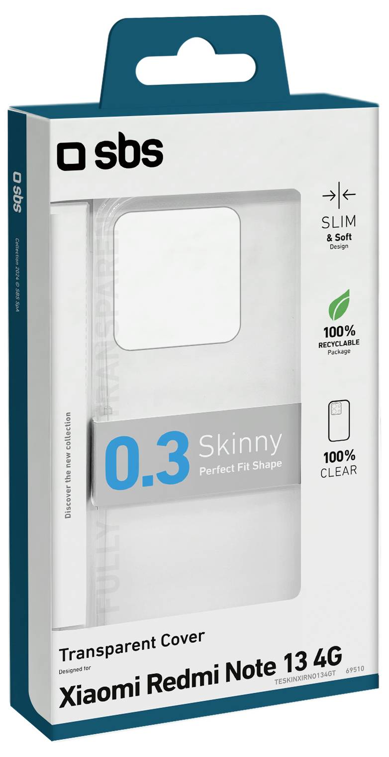 The image shows packaging for an 'SBS Transparent Cover' designed for the 'Xiaomi Redmi Note 13 4G'. It features recycling and transparency icons.