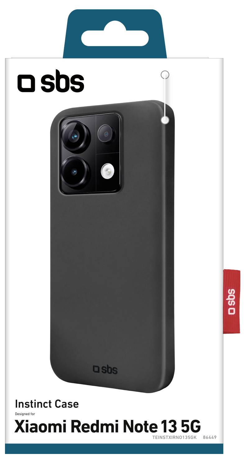 The image shows the packaging for an 'Instinct Case' by SBS, designed for Xiaomi Redmi Note 13 5G, featuring a matte black design.