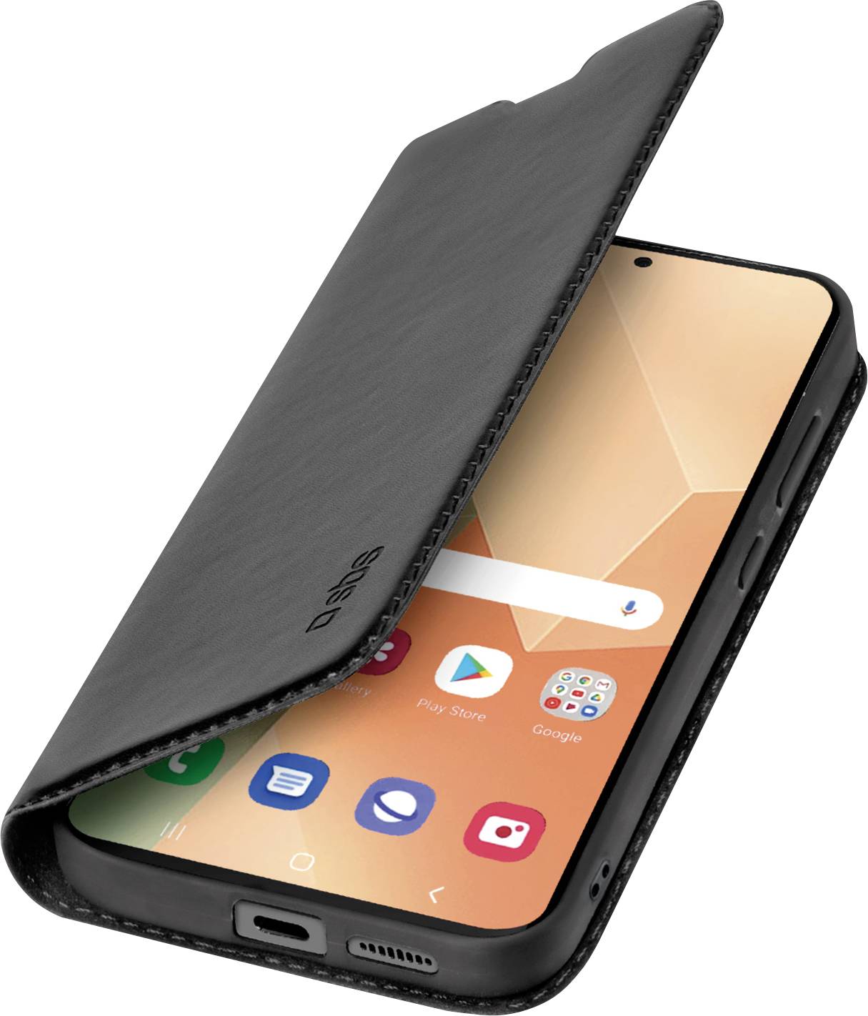 Black leather flip cover open on a smartphone showing a home screen with app icons, focusing on device protection and style.