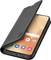 Black leather flip cover open on a smartphone showing a home screen with app icons, focusing on device protection and style.