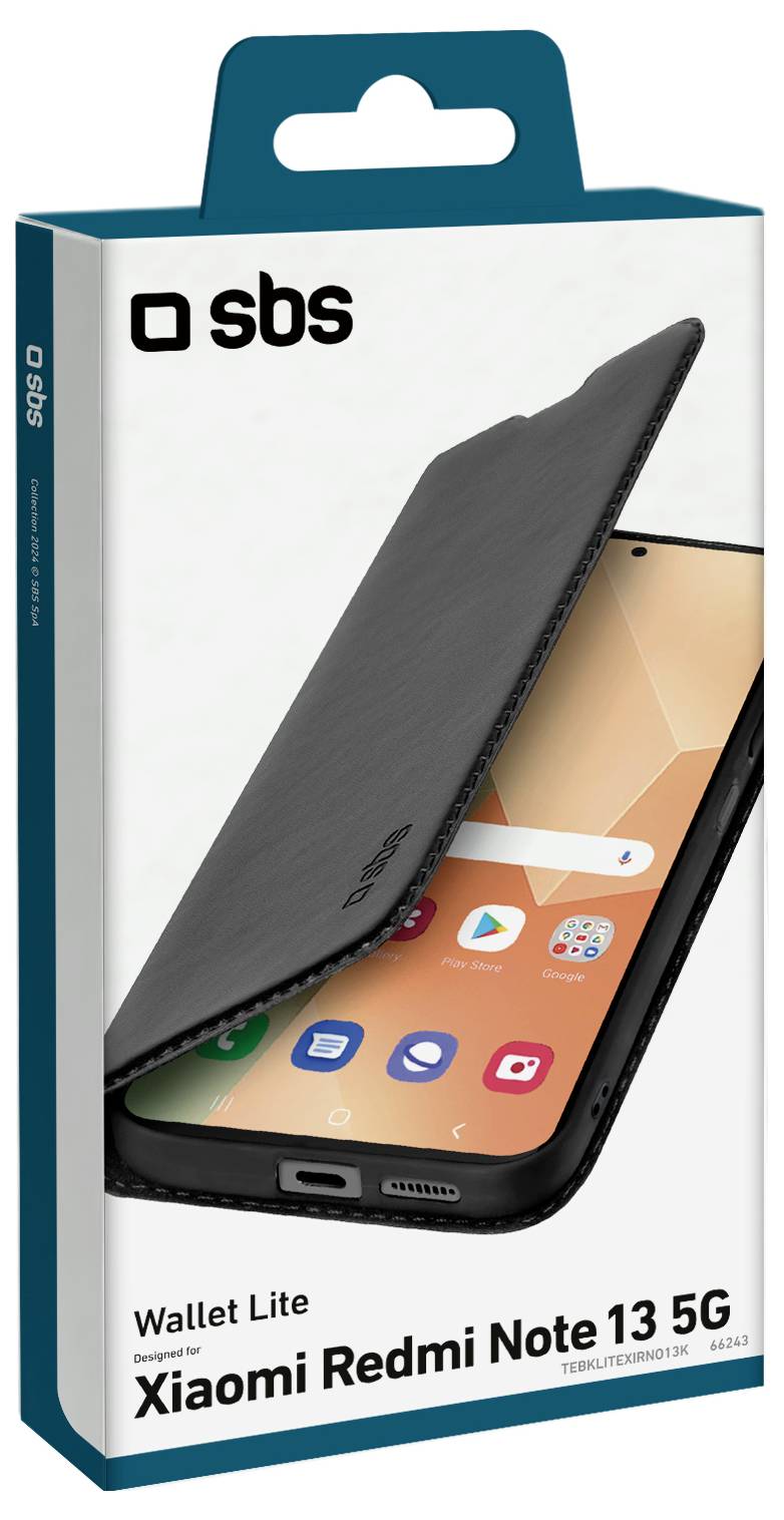 The image shows packaging for an 'SBS Wallet Lite' phone case, compatible with the Xiaomi Redmi Note 13 5G. The box features an image of the case covering a smartphone screen.