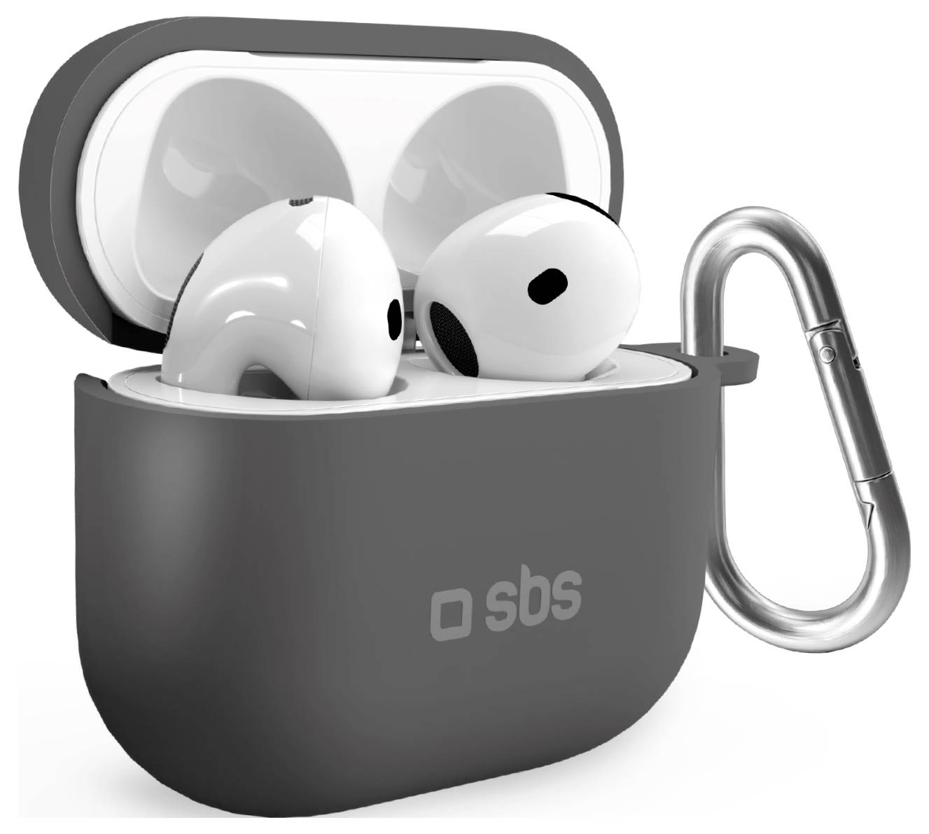 Wireless earbuds in a charging case with a carabiner clip attached, branded with 'SBS'.