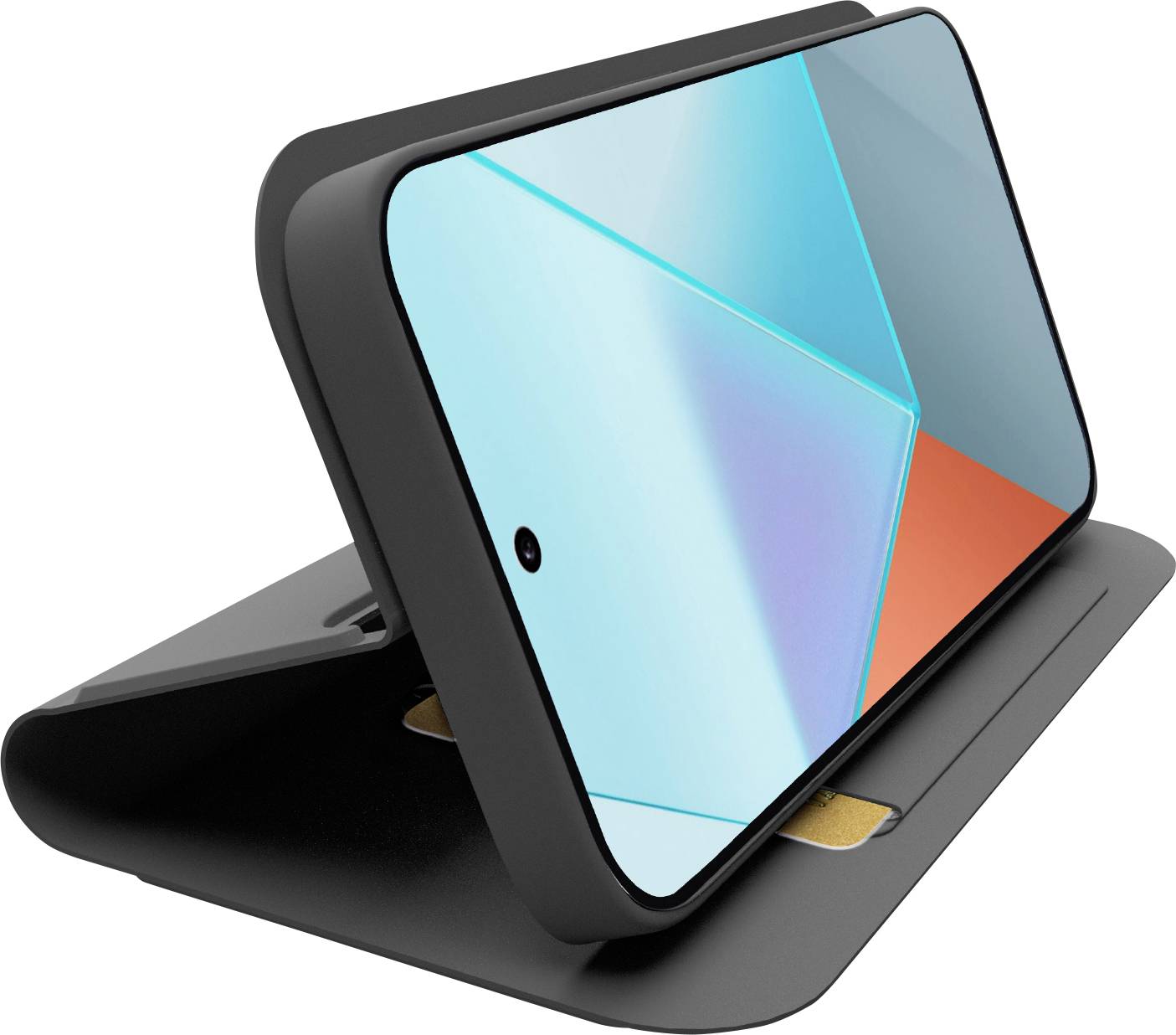 A smartphone in a black case with a stand, displaying a colorful geometric pattern on the screen.