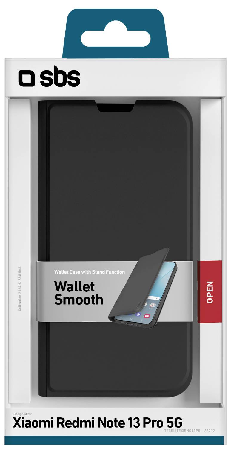 'Wallet Smooth' phone case package for Xiaomi Redmi Note 13 Pro 5G, features stand function.