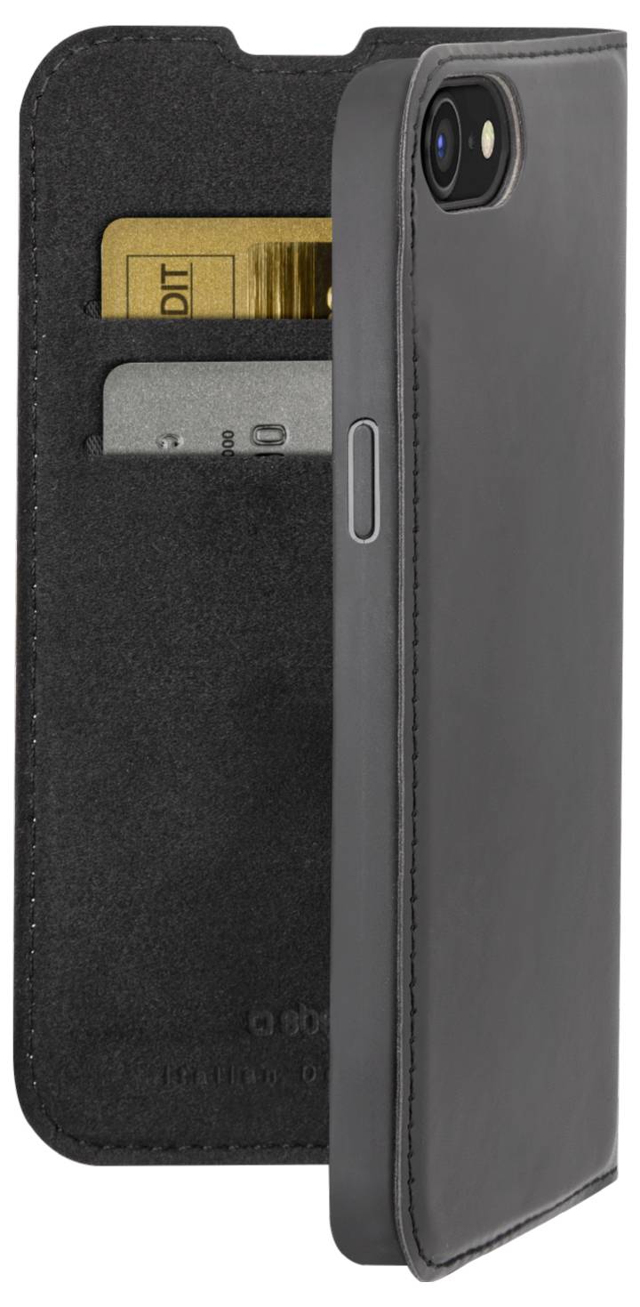 A black phone case with card slots holds a smartphone. Two cards are visible in the slots. The case is partially open, showing its interior.