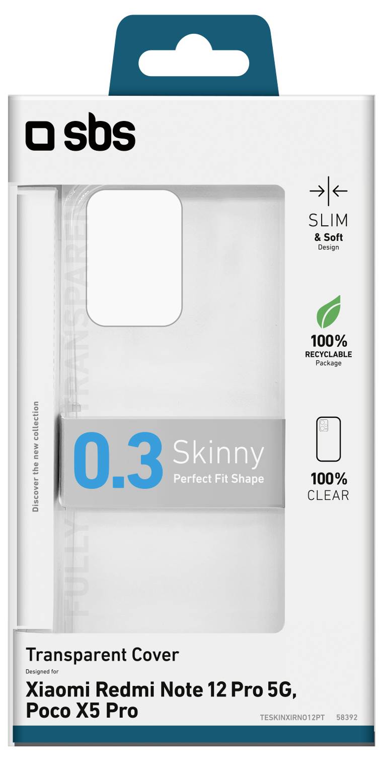 'Transparent phone cover packaging for Xiaomi Redmi Note 12 Pro 5G and Poco X5 Pro, features 0.3mm slim design, clear, recyclable.'