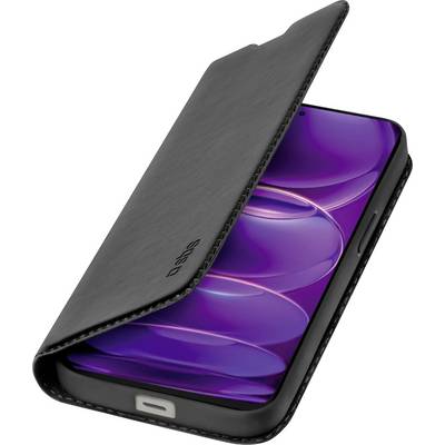 A smartphone partially enclosed in a black leather flip case with the screen displaying a purple abstract design.