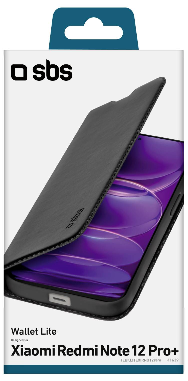 'Wallet Lite' case for Xiaomi Redmi Note 12 Pro+. Black cover partially open, showing phone screen with purple design, in retail packaging.