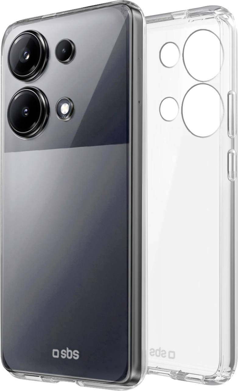 A smartphone with a transparent protective case; features three rear cameras and a sleek design.