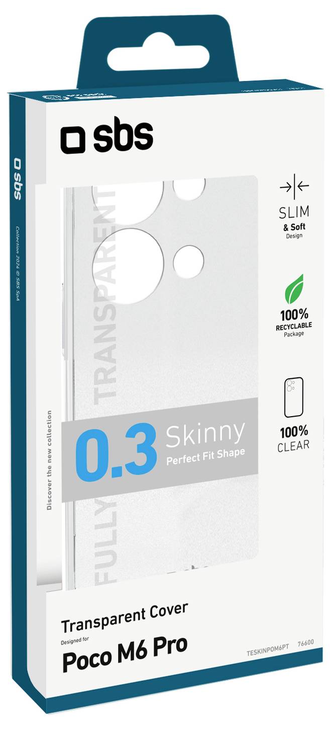 'Transparent cover for Poco M6 Pro' packaging, highlighting key features: slim fit, soft touch, fully transparent, 100% recyclable.