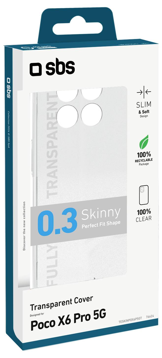'Transparent cover for Poco X6 Pro 5G' packaging showing a slim, fully recyclable, clear phone case designed for a perfect fit.