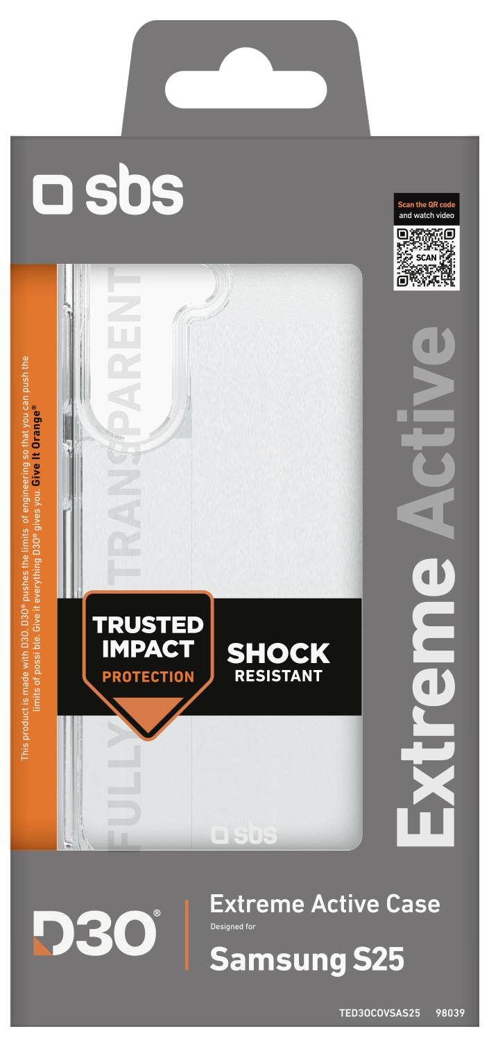 'Extreme Active Case for Samsung S25' packaging with orange banner stating 'Trusted Impact Protection'. Transparent case shown inside.