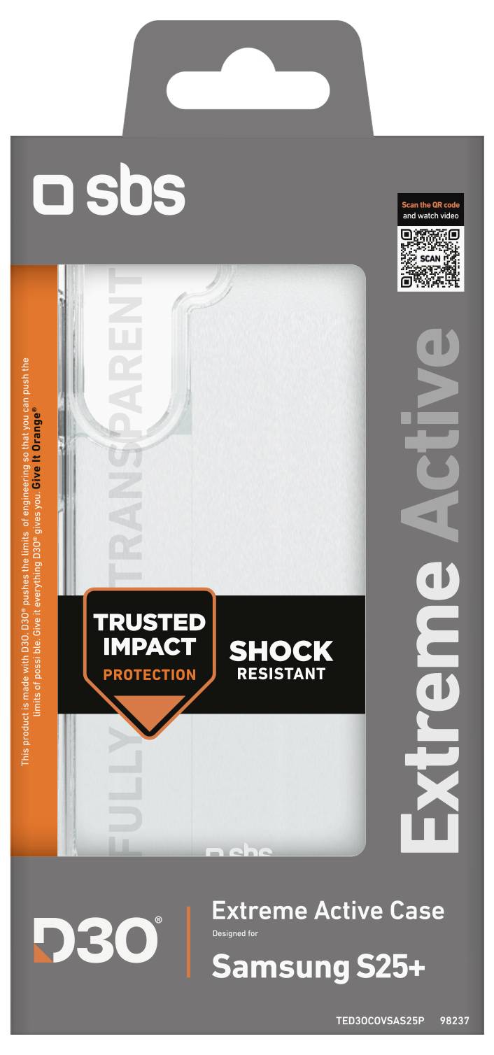 'Extreme Active Case for Samsung S25+' package with 'Trusted Impact Protection' and 'Shock Resistant' labels; clear case visible.