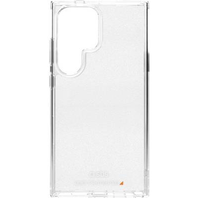 A clear protective phone case with a cutout for the camera area, showcasing brand logo and design accents at the bottom.