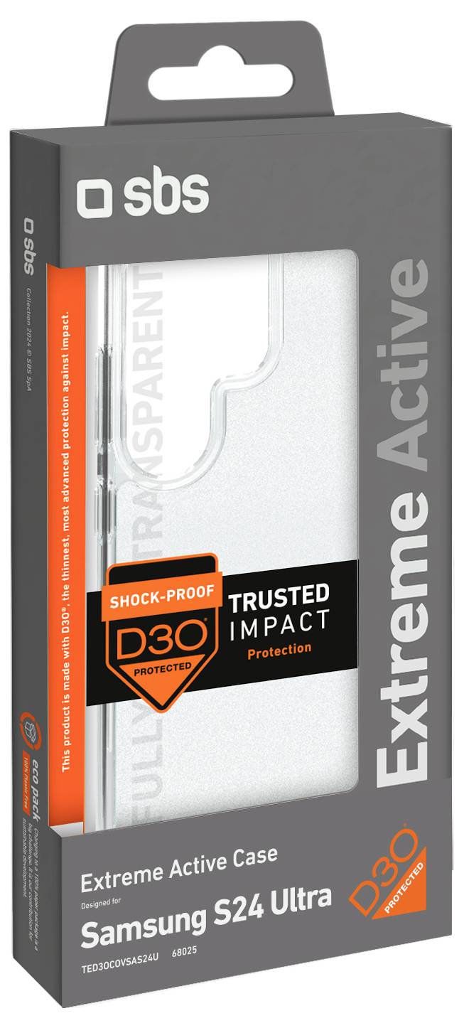 'A retail package showing an SBS Extreme Active Case for Samsung S24 Ultra, featuring D3O shock-proof protection on the packaging.'