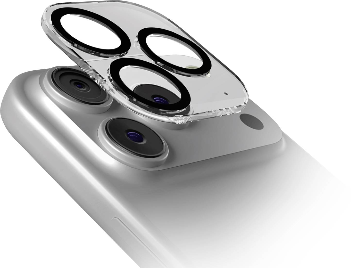 'Close-up of a smartphone's rear with a dual camera system and a separate transparent cover with cutouts for the lenses.'