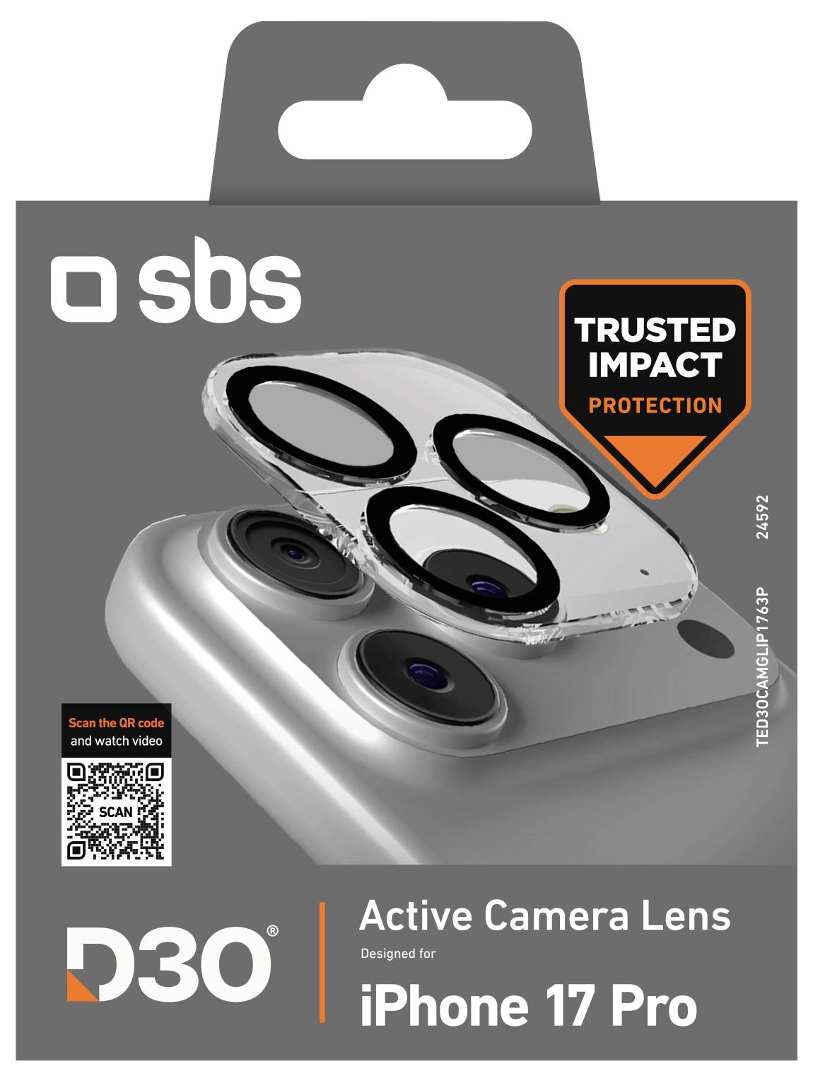 'Active Camera Lens for iPhone 17 Pro packaging displaying a detachable lens cover and protection details. Includes a QR code for more info.'