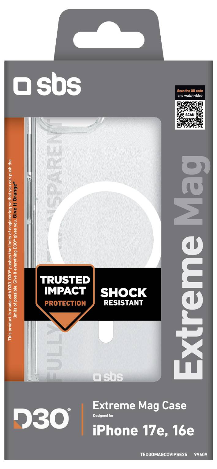 'Extreme Mag Case' packaging for iPhone 17e, 16e. Features 'Trusted Impact Protection', 'Shock Resistant'. Clear case with MagSafe ring.