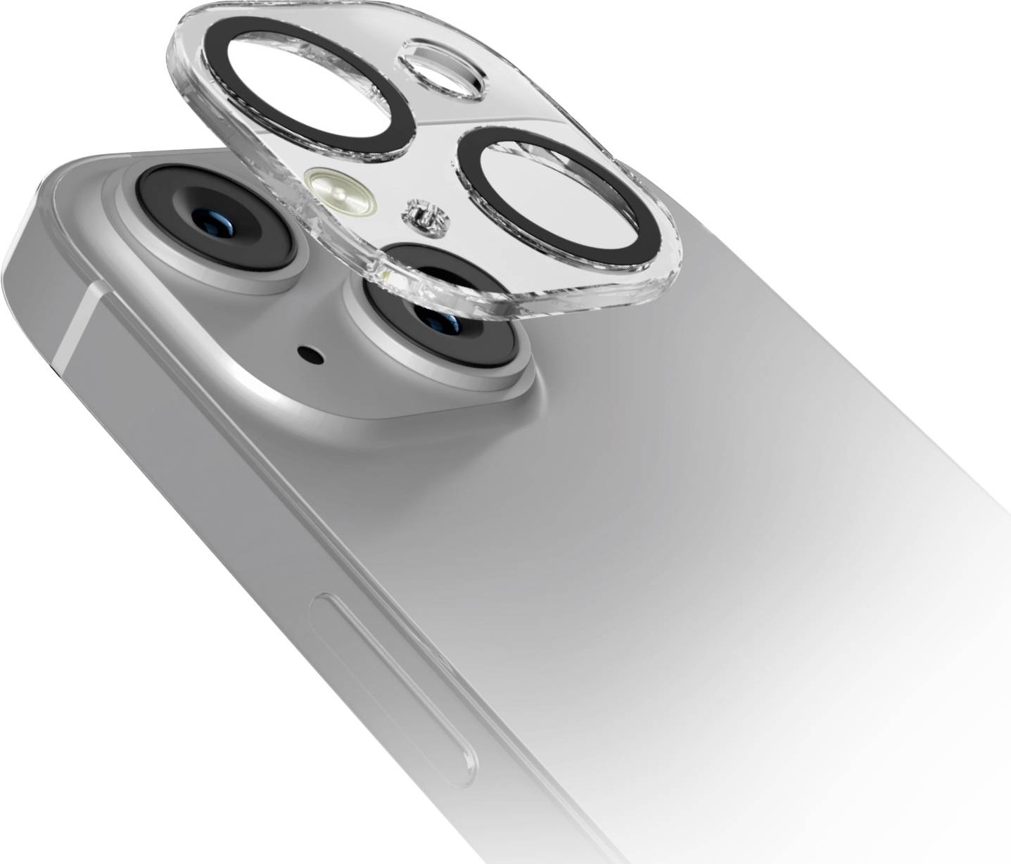 'Close-up of a smartphone with dual cameras and a transparent lens protector being fitted over the lenses.'