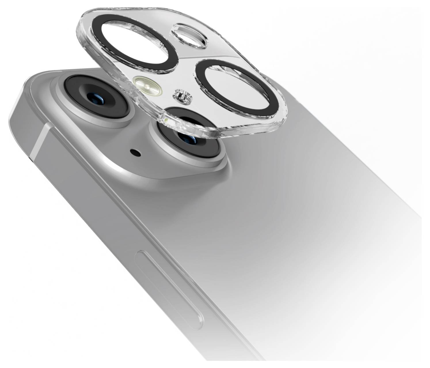 Transparent camera lens protector shown hovering above two rear lenses of a modern smartphone.