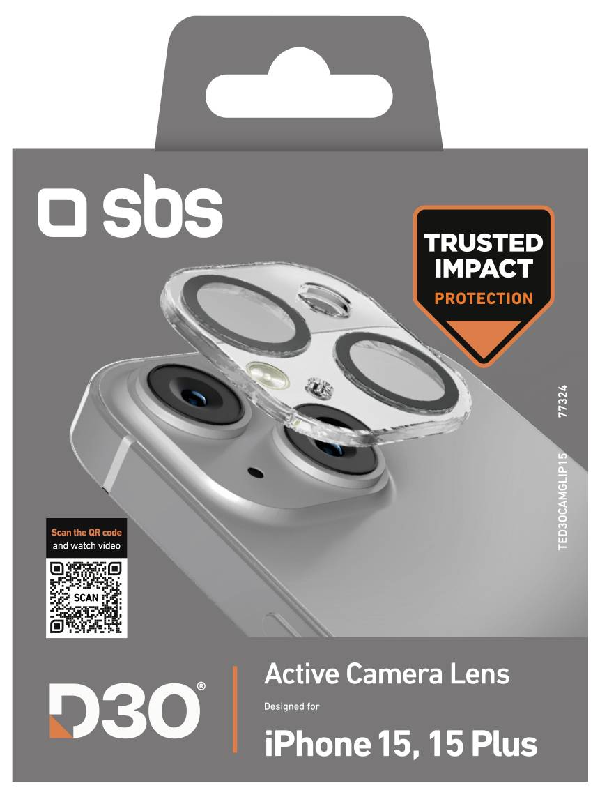 'Active Camera Lens' for iPhone 15, 15 Plus with 'Trusted Impact Protection' label, featuring a transparent lens cover, package design.
