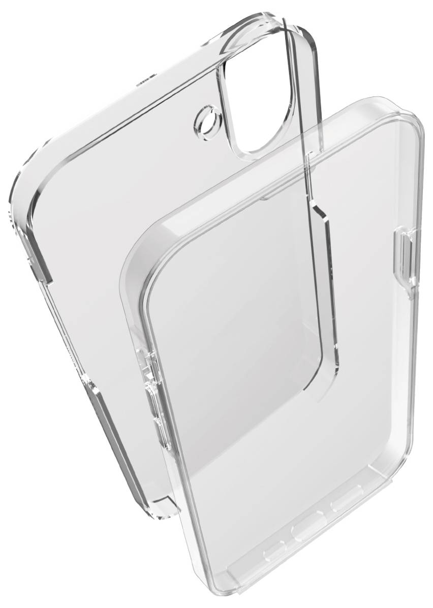 A clear, transparent phone case shown from two angles, highlighting its design and fit for smartphone protection.