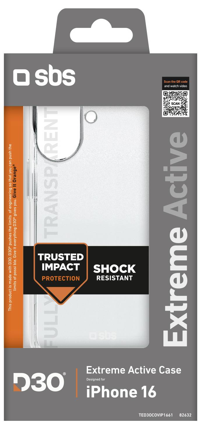 'iPhone 16 Extreme Active Case packaging with transparent case, labeled 'Trusted Impact Protection' and 'Shock Resistant'.'