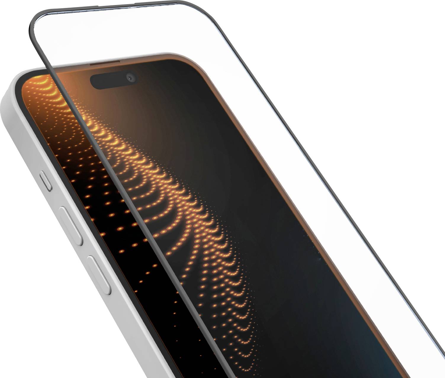 A smartphone with a glowing, patterned display, partially covered by a clear, protective screen.