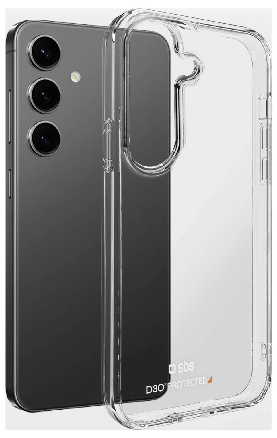 A clear phone case with cutouts for camera lenses is positioned next to a black smartphone with three rear cameras and a flash.