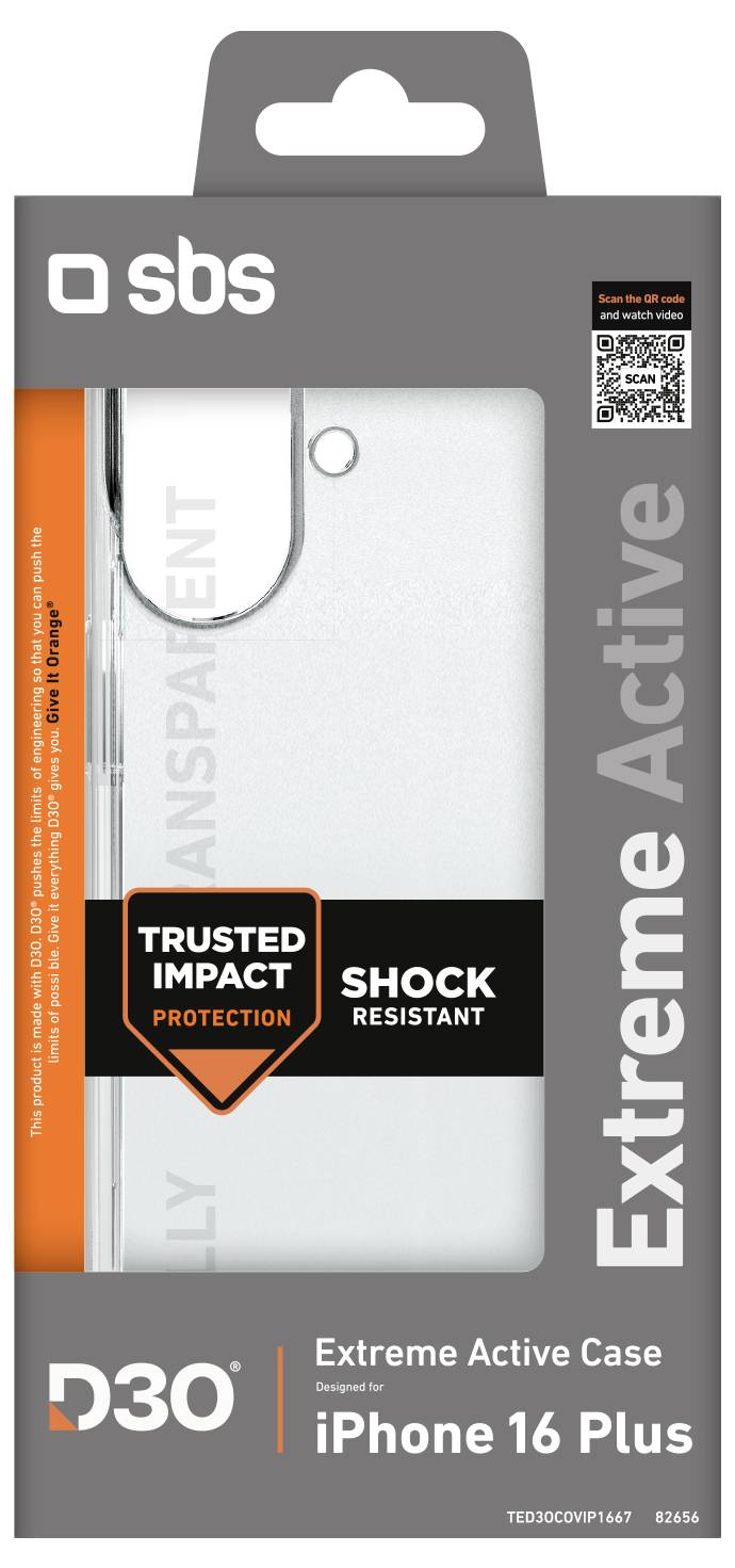 'Clear iPhone 16 Plus case packaging labeled "Extreme Active." Features "Trusted Impact Protection" and "Shock Resistant" indicators.'