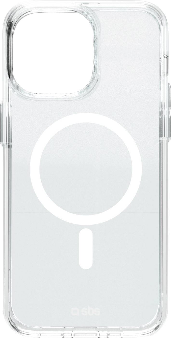 A clear phone case with a circular white symbol centered on the back, resembling a charging coil, designed for MagSafe compatibility.