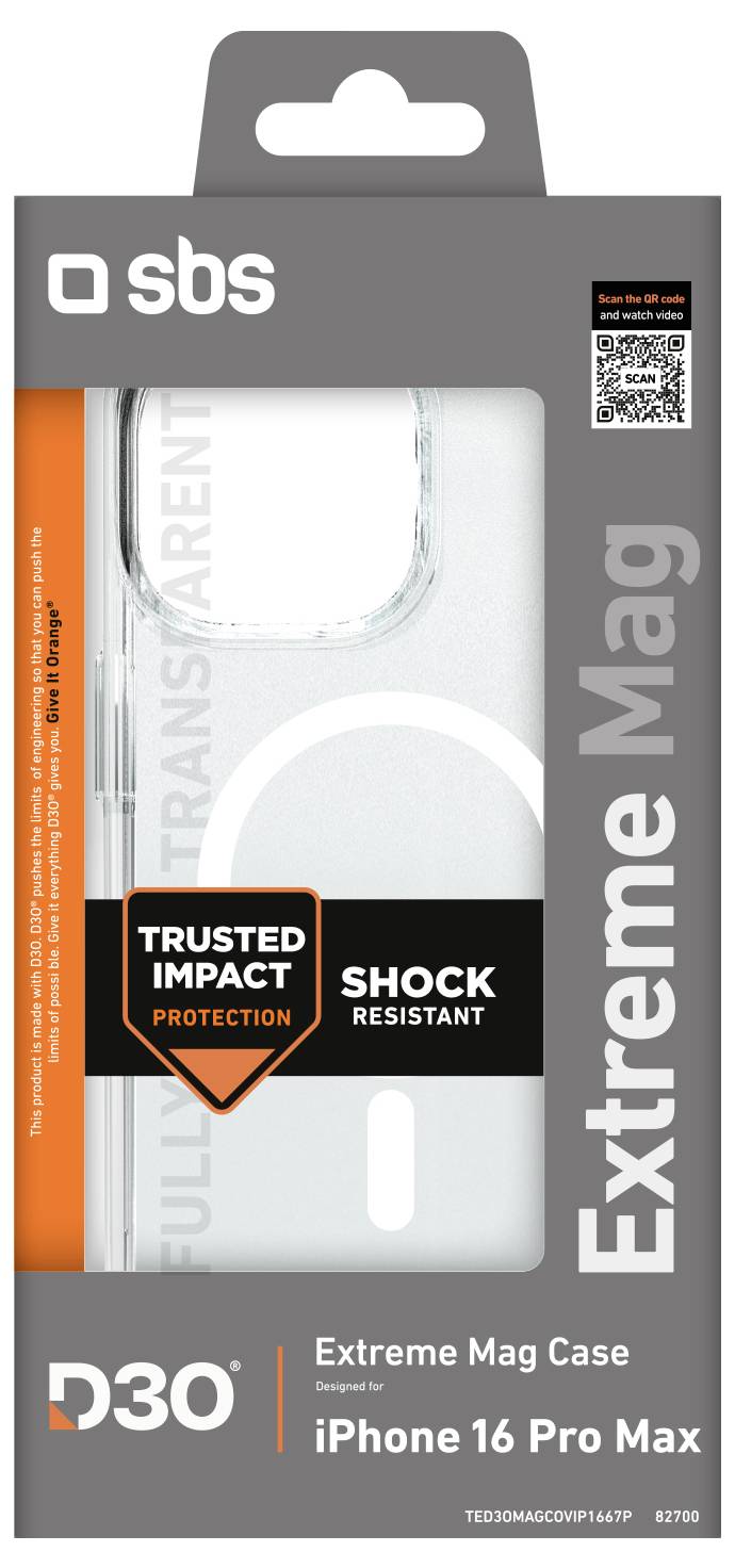'iPhone 16 Pro Max Extreme Mag Case' packaging with clear case, orange 'Trusted Impact Protection' label, barcode, and branding.