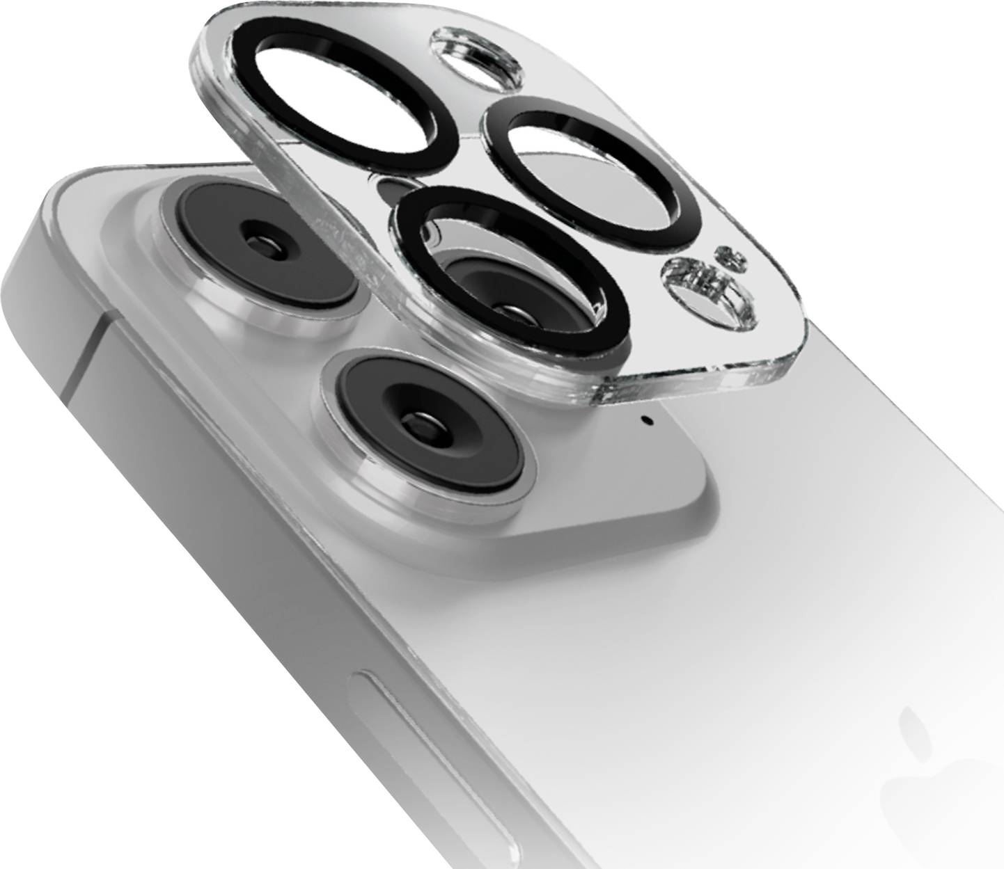 A close-up of a smartphone camera module with three lenses, showcasing the lens cover being lifted for installation or inspection.