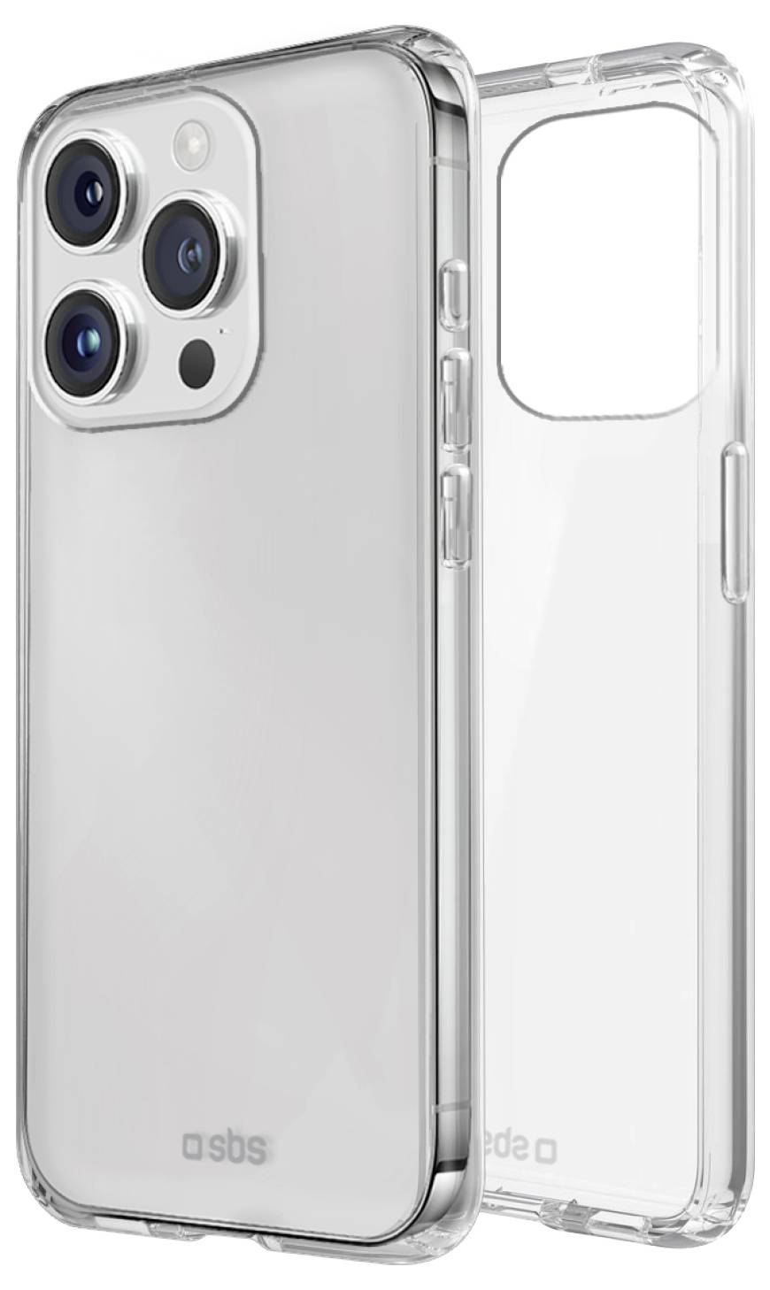 A clear smartphone case with black accents is shown from two angles, showcasing the side and back, highlighting the camera cutout area.