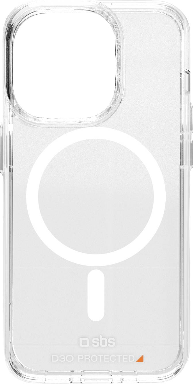 Transparent phone case with MagSafe compatibility, featuring a round charging symbol. 'D3O PROTECTED' text indicates enhanced protection.