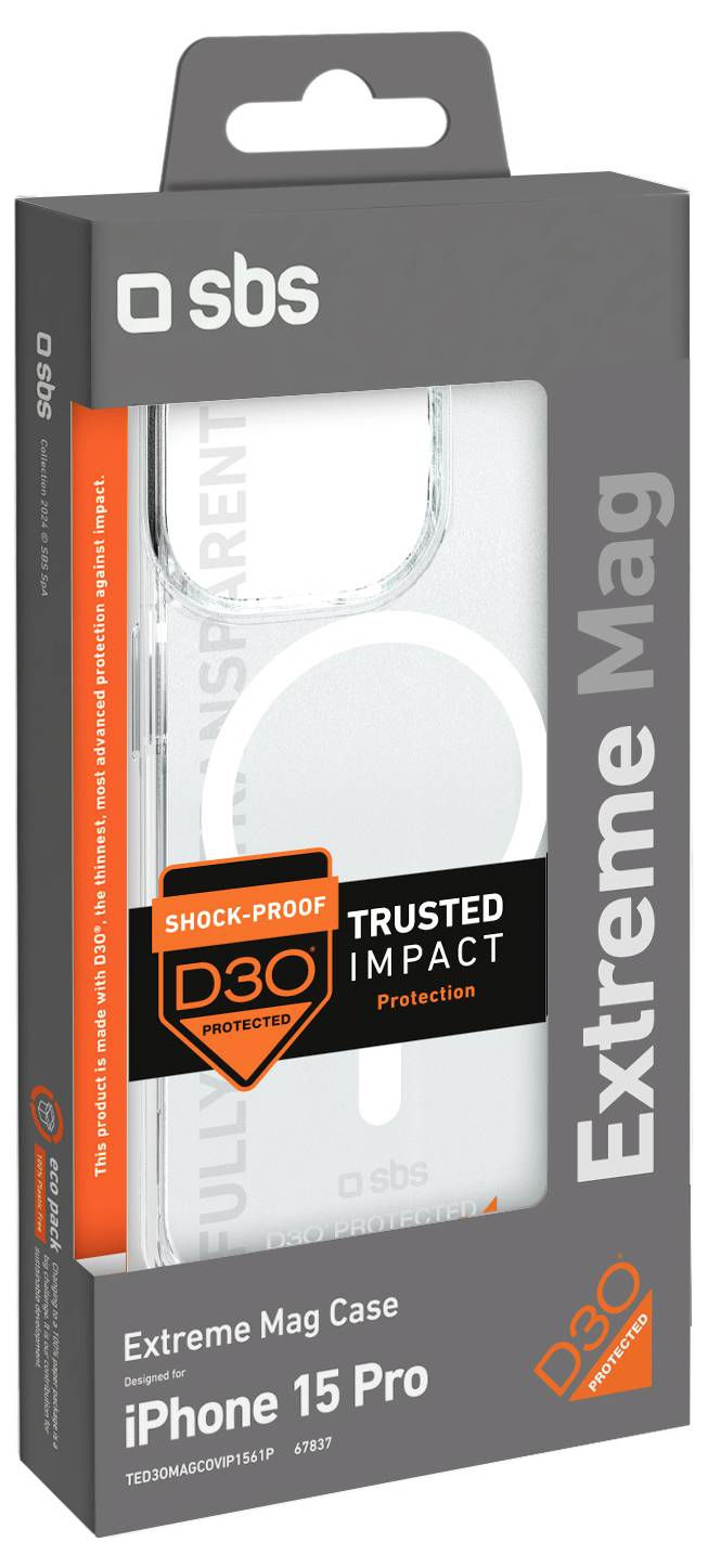 'SBS Extreme Mag Case for iPhone 15 Pro, featuring D30 shock-proof protection. Packaging is predominantly grey with orange accents.'