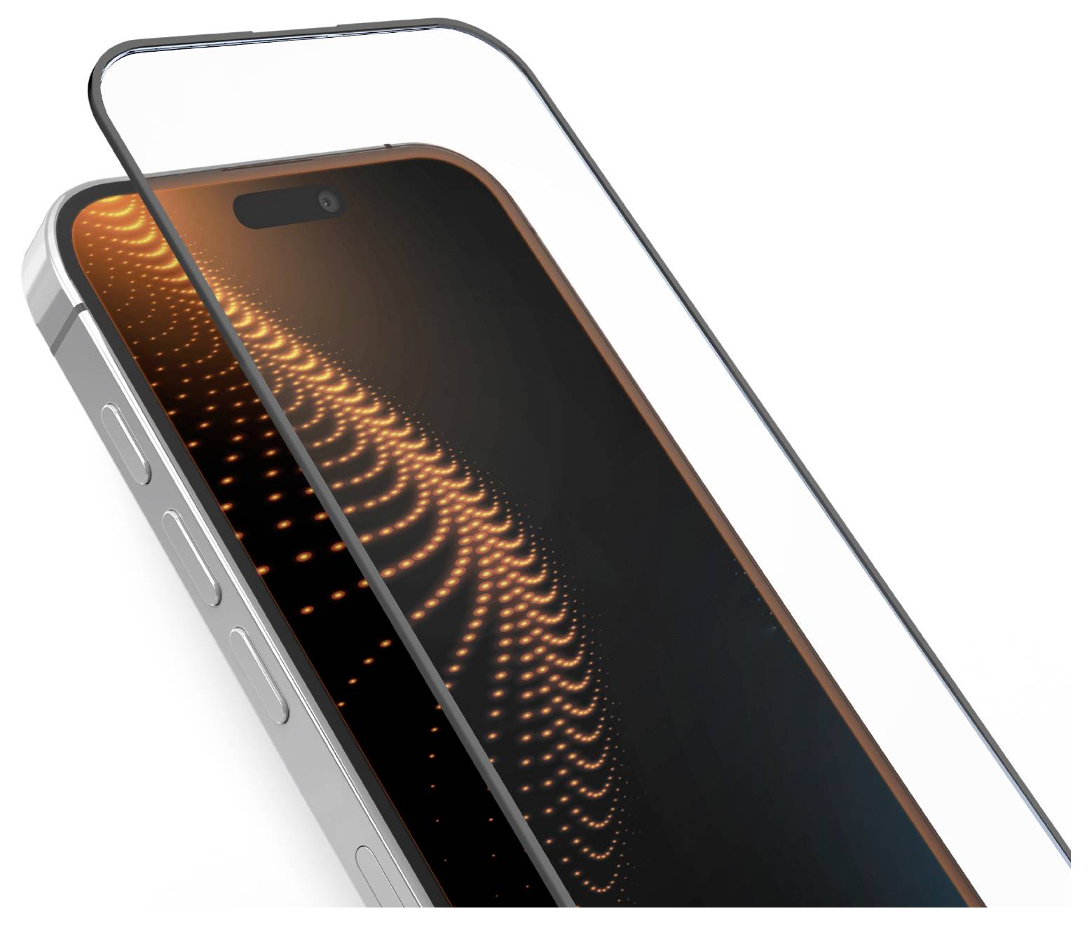 A smartphone with a glowing, abstract orange spiral on the screen, partially covered by a transparent screen protector.