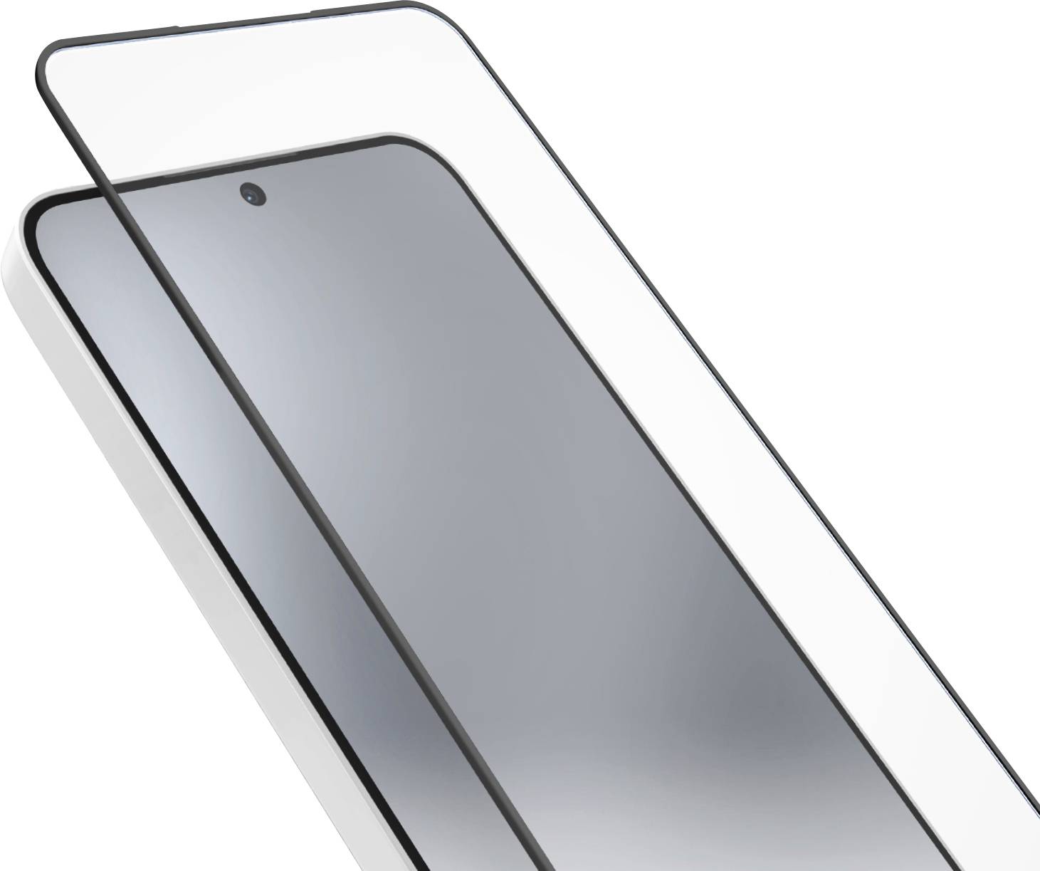 'A smartphone with a protective glass screen protector slightly raised above it, showcasing its smooth design and camera placement.'