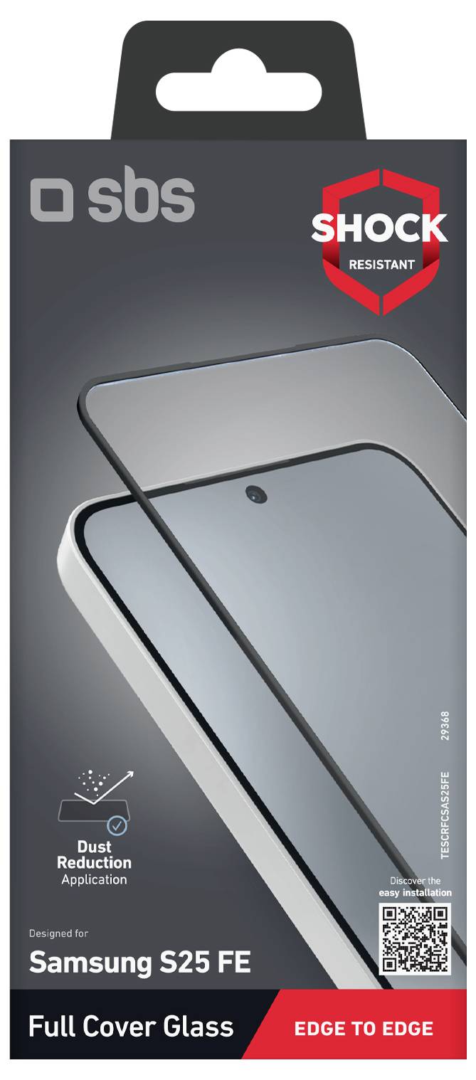 'Packaging for Samsung S25 FE screen protector. Features include full cover glass, edge-to-edge protection, dust reduction, shock resistant.'