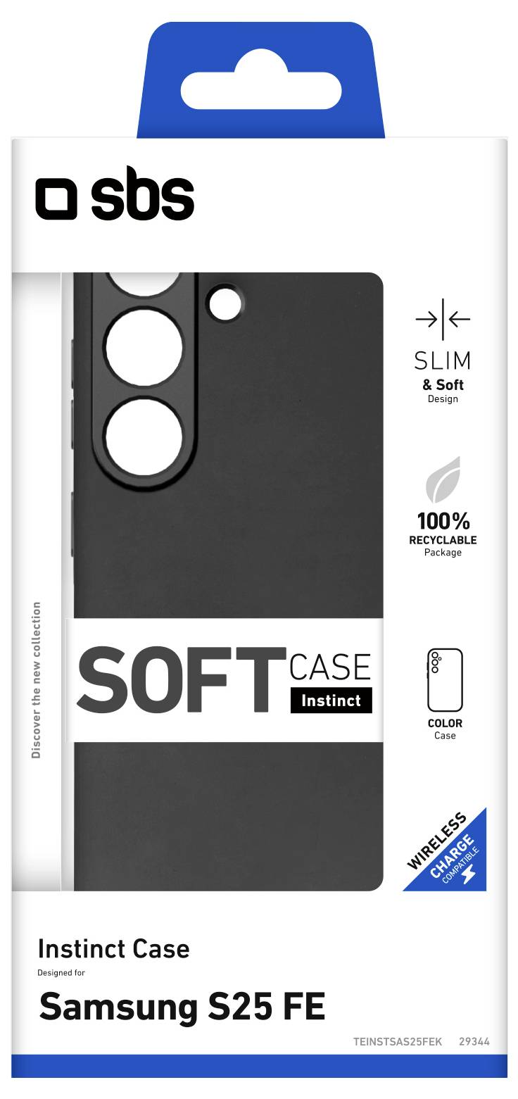 'Samsung S25 FE' phone case packaging by SBS. Features: slim, soft, 100% recyclable, compatible with wireless charging, black color.