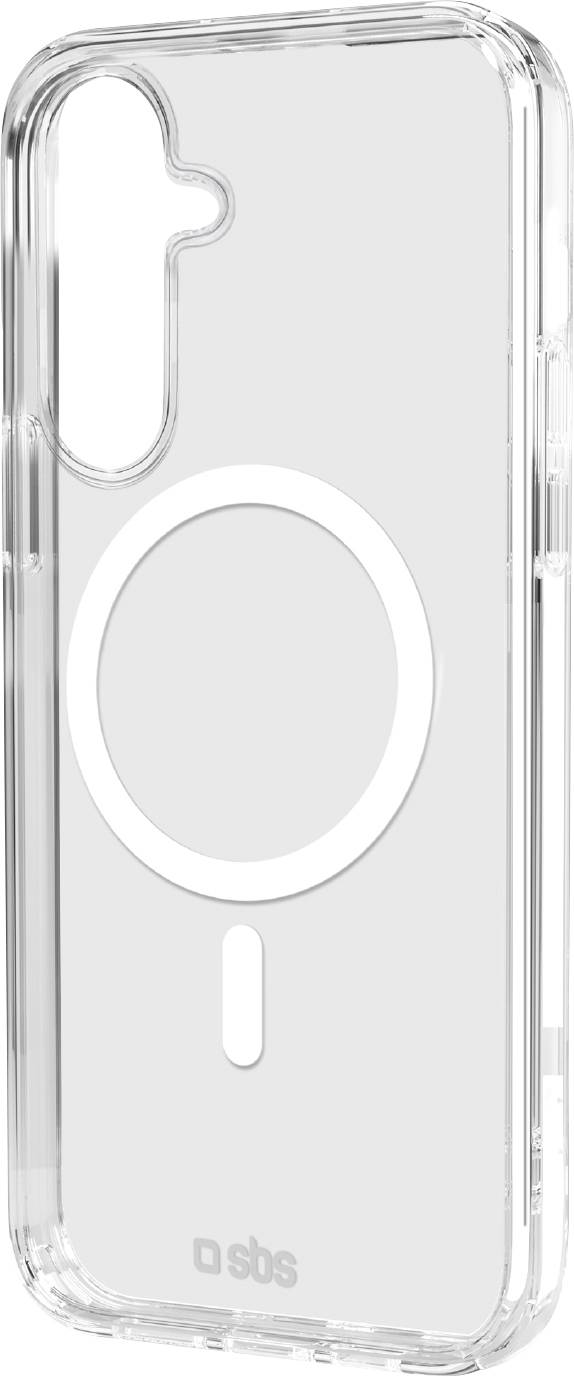 A clear smartphone case with a circular design on the back, indicating MagSafe compatibility, and 'sbs' logo at the bottom.