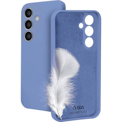 A blue smartphone case with three camera cutouts, featuring a light, fluffy feather resting against it, emphasizing its softness.