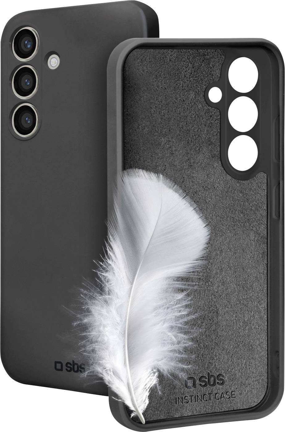 'Black smartphone case with three camera holes, showcasing a white feather on its surface, highlighting the case's lightweight design.'